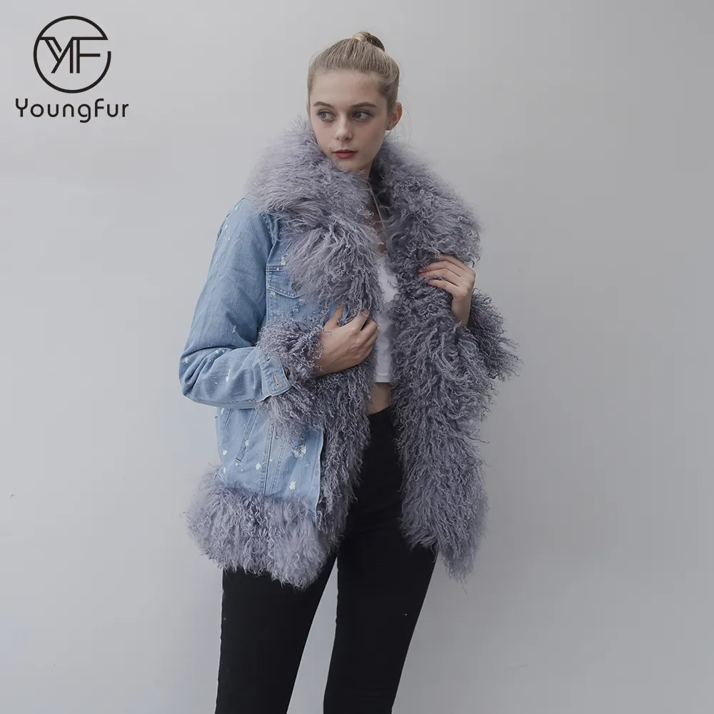 2020 Designer Lam Fur Trim Faux Bontvoering Vrouwen Denim Jas