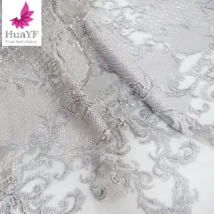 2019 Newest Tulle HandWork Beaded Lace Fabric Grey French Embroidery Net Fabrics For Bridal HY1096-1