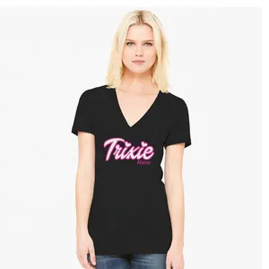 높은 품질 일반 여자 짧은 소매 V 목 느슨한 캐주얼 티 T 셔츠 탑스 95 레이온 5 스판덱스 블랙 T 셔츠 사용자 정의 로고