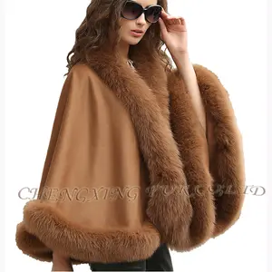 CX-B-P-54A Wool Cape for Women New Styles Fashion Pashmina Shawl With Real Fox Fur Trim