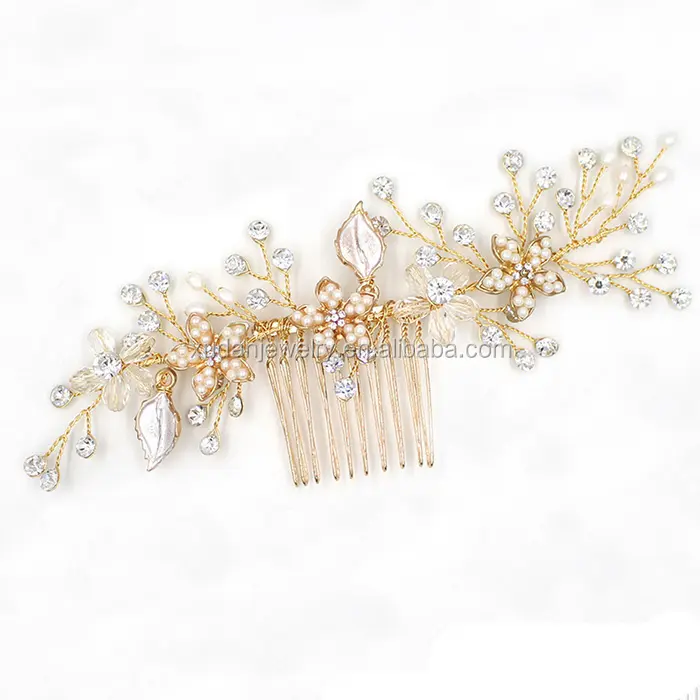 Gold Flowers Rhinestone Crystals Wedding Hair Accessories Bride Bridal Floral Pearl Hair Comb Headpiece Hair Clips Pins Jewelry