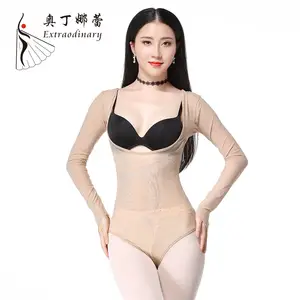 Mesh Transparent Low Cut Belly Dance Top Body Suil w Shorts Stretch Long Sleeve 