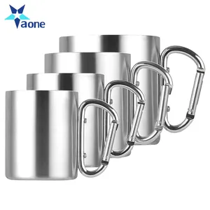 220ml 300ml Stainless Steel Camping Traveling Outdoor Cup Double Wall Mugs with Foldable Self-lock Carabiner Hook Handle