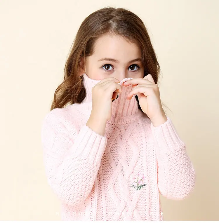 Tinggi Leher Tebal Bordir Musim Dingin Anak Gadis Lembut Rajut Sweater