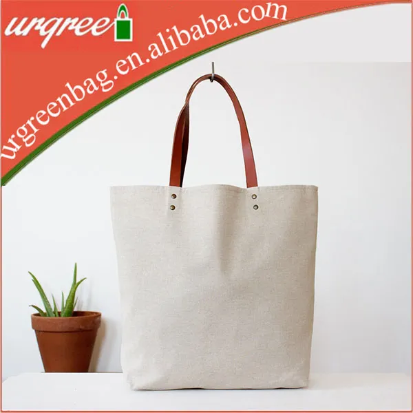Recycled Plain White Cotton Canvas Tote Bag With Leather Tote