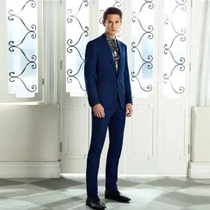 Fashion low price 100% Italian wool royal blue men suit with printed lining.