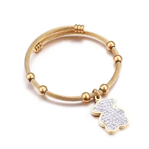 Fashion Wholesale Diamond Bear Charm Bracelet Gold Plated Stainless Steel Cable Bracelets