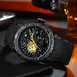 BIDEN 0129 2 Orologio Meccanico da <span class=keywords><strong>Uomo</strong></span> Serie Steampunk con Scheletro di Drago Nero, Cinturino in <span class=keywords><strong>Silicone</strong></span>, Impermeabile - Product Image 2