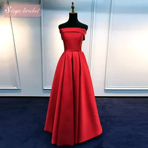 Red off shoulder A-line floor-length evening dress