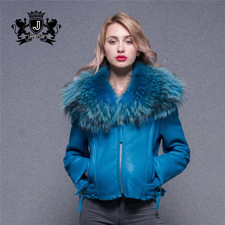 Hot Style Ladies Raccoon Fur Sheepskin Leather Jackets Lamb Fur And Leather Double Faced Sheep Fur Coat