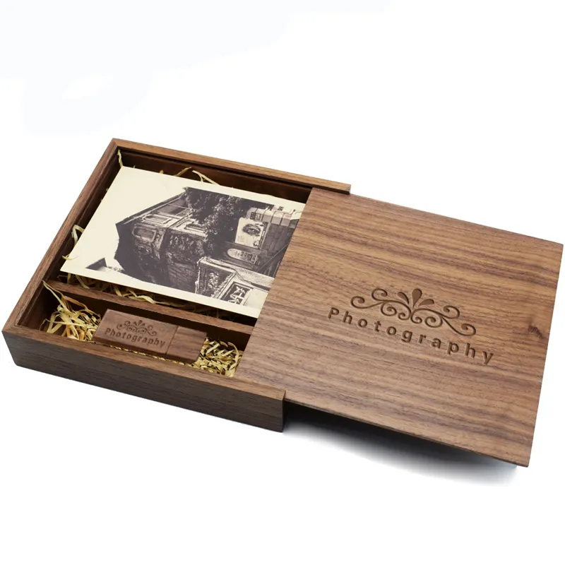 Boîte d'allume Photo en bois de noyer + lecteur Flash USB 2.0, coffret en bois avec Logo gravé personnalisé pour cadeaux de mariage