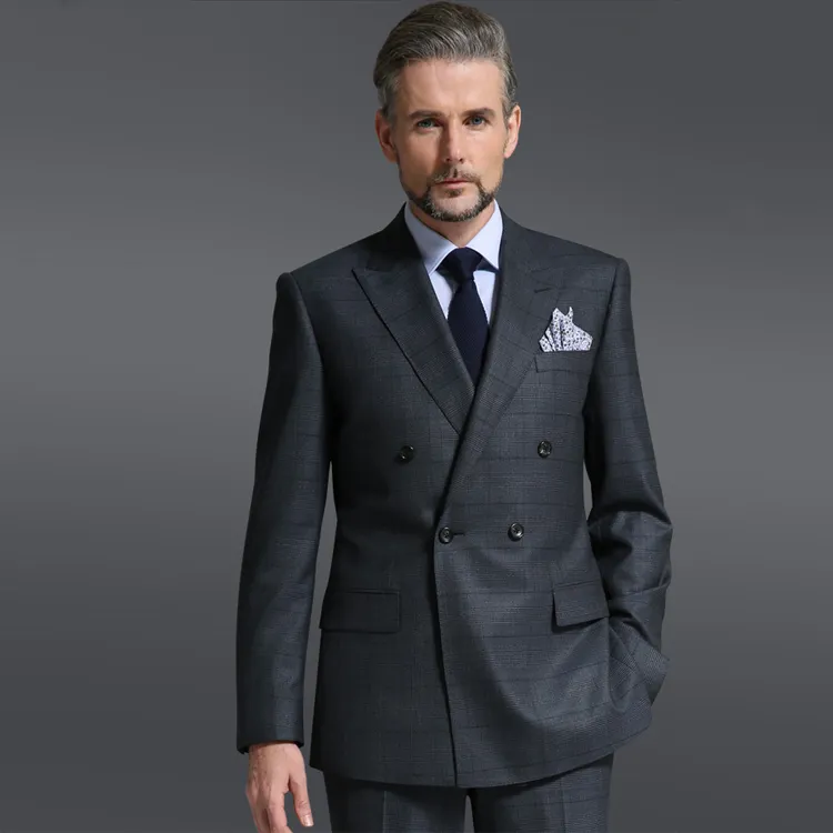 New Men's new style business suit 100% wool dark gray checks double breast buttons half-canvas suit