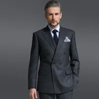 नई पुरुषों की नई शैली व्यापार सूट 100% ऊन डार्क ग्रे चेक डबल स्तन बटन आधा-कैनवास सूट