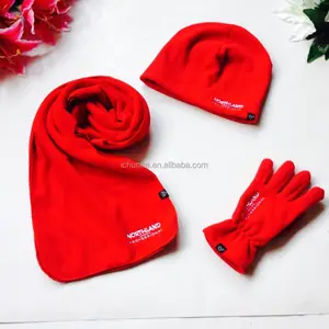 Hot Sel Winter Polyester Scarf Hat Glove Set Factory Windproof Promotional Black Pure Colour Polar Fleece Scarf Glove Hat Set