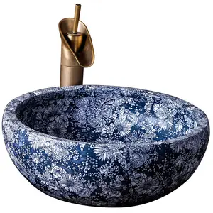 Seramik lavabo lavabo mavi ve beyaz el boyalı porselen seramik lavabo yuvarlak banyo lavabo