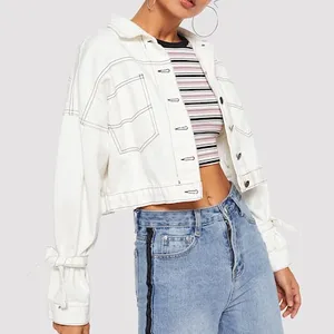 Boog Split Terug Crop Denim Custom Jacket Vrouwen Mode Jean Jacket