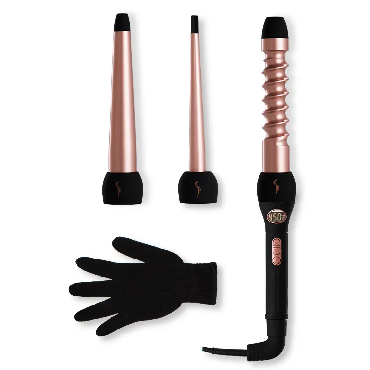 Hair Styling Tool 3 Part Curling Wand Set Interchangeable 3P with Glove Hair Curling Tong Ceramic Hair Curler