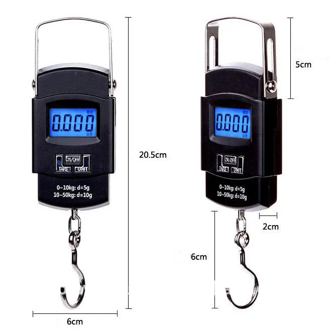 Báscula Digital colgante para pesca, peso de bolsillo, 50kg, 5g, función de peso 2 * AAA(7 #), batería seca, pantalla LCD grande