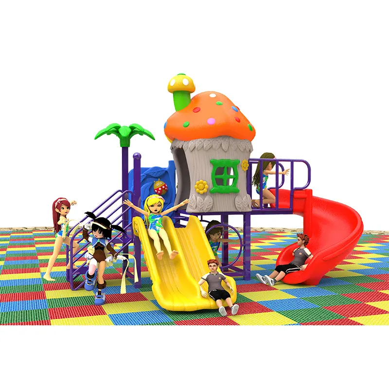 幼稚園キノコテーマ子供屋外プラスチックスライド遊び場機器子供遊園地セットスイング付き