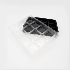 Plateau à chocolat jetable pour animaux de compagnie en plastique transparent noir de qualité alimentaire personnalisé Plateau à chocolat en plastique à insérer sous blister à 12 cavités avec couvercle