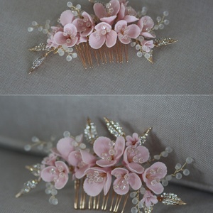 Feuille d'or faite à la main femmes peignes à cheveux rose Floral bijoux en céramique pour les mariages strass perlé bandeaux de mariée Style de mode - Product Image 3