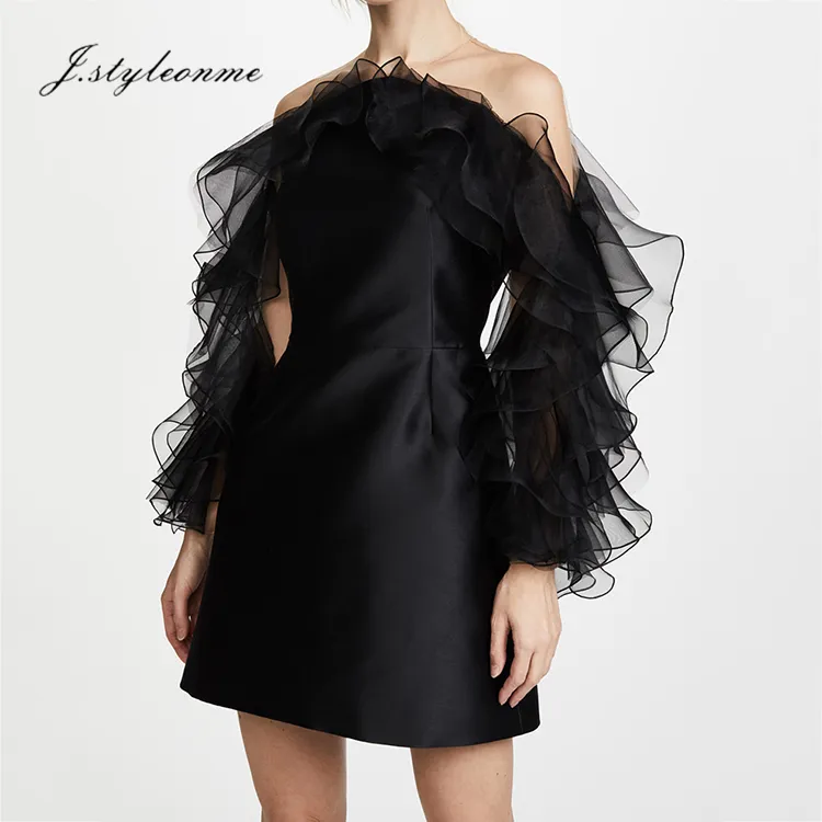 2018 new ladies ruffled long-sleeved waist strapless mini cocktail dress