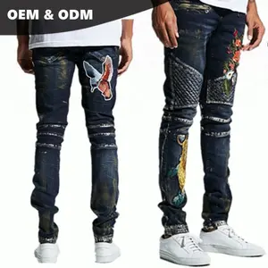 OEM sıska erkekler için çılgın kot tahrip biker jeans çiçek nakış tasarımlar işlemeli mens jeans stilleri 126