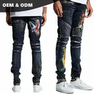 OEM Skinny destruido Crazy Jeans para hombres Biker Jeans Diseños de bordado floral Bordado para hombres Jeans estilos 126 - Product Image 1