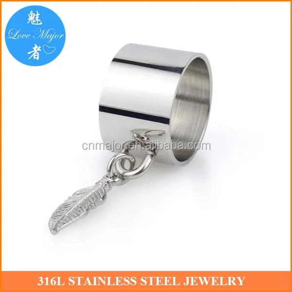 Mens hoge gepolijst Rvs duim vinger ringen w feather charms