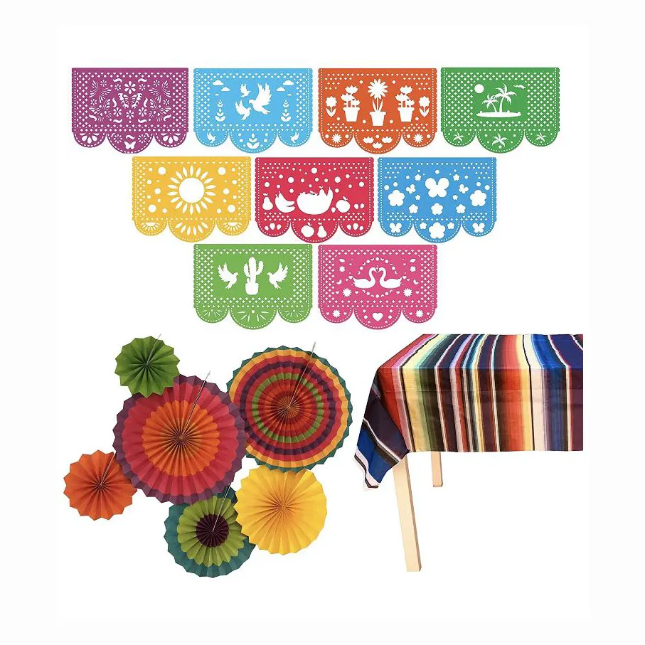 Mexican Fiesta Party Supplies Set Mexican Table Runner Mexican Banner Colorful Paper Fans Cotton Fringe Table Runners