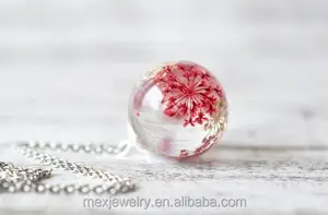 Clear resin red and white queen anne's lace dried pressed real flower Pendant Necklace Sphere