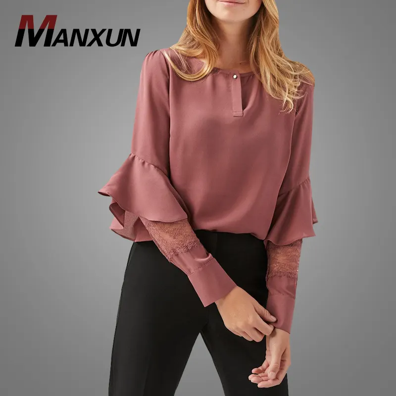 Bán Buôn Tùy Chỉnh Thời Trang Trống Mượt Crepe Áo Thanh Lịch Ren Tay Áo Ruffle Voan Áo Tops 2018