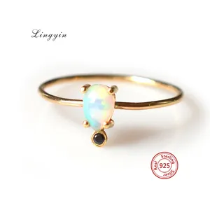 Minimalist jewelry 18k gold plated silver 925 black zircon natural fire opal single stone finger ring