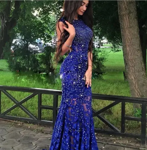Elegant Women Long Fishtail Bling Blue Evening Dress