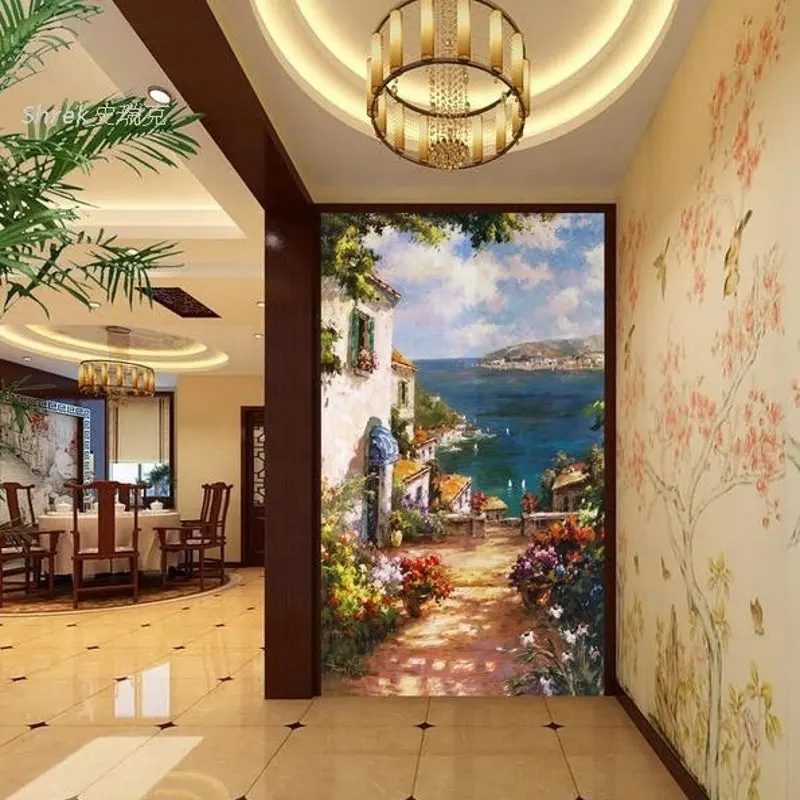 3d Wallpaper For Walls In Malaysia Nordic Seaside City Landscape Painting Wallpaper Wood Veneer Wallpaper