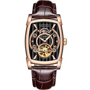 GUANQIN GJ16108 Orologio da Uomo con <span class=keywords><strong>Quadrante</strong></span> <span class=keywords><strong>Quadrato</strong></span> Traforato, Movimento Meccanico Automatico, Cinturino in Pelle, Fasi Lunari, Orologio Formale - Product Image 1