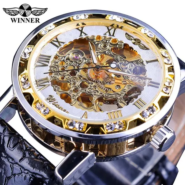 זוכה זהב רטרו אופנה שעון Mens מכאני שלד יהלומי תצוגת למעלה מותג יוקרה שעון יד שעון Relogio Masculino