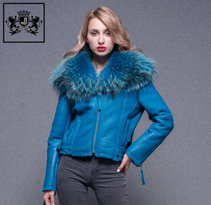 2017 Belle Gigger Raton Laveur Col De Fourrure <span class=keywords><strong>Veste</strong></span> Manteau En Peau de Mouton Femmes Véritable Cuir de Mouton <span class=keywords><strong>Veste</strong></span> Pour Dame - Product Image 2