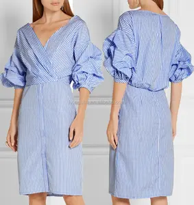 Latest Party wear Designs Wrap-effect Striped Cotton-poplin shirt Dress For Ladies Girls Cotton Frock Designs HSD5613