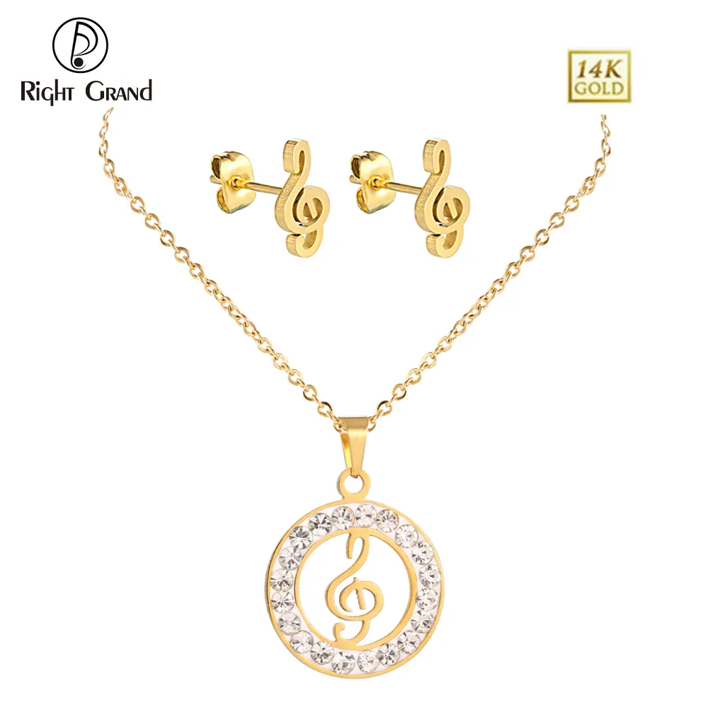 Nota di musica Del Pendente Della Collana e Orecchino Set di Gioielli In Oro Placcato Le Collane di Cristallo In Acciaio Inox Da Sposa Del Rhinestone DELLE DONNE