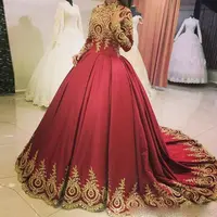 2019 Luxe Rode Lange Mouw Goedkope Satin Lace Baljurk Vrouwen Arabische Bridal Moslim Trouwjurk Turkije