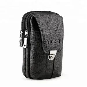 Mens Genuine Leather Black Small Hook Fanny Waist Bag Pack With Cellphone Phone Cases Cigarette Pouch