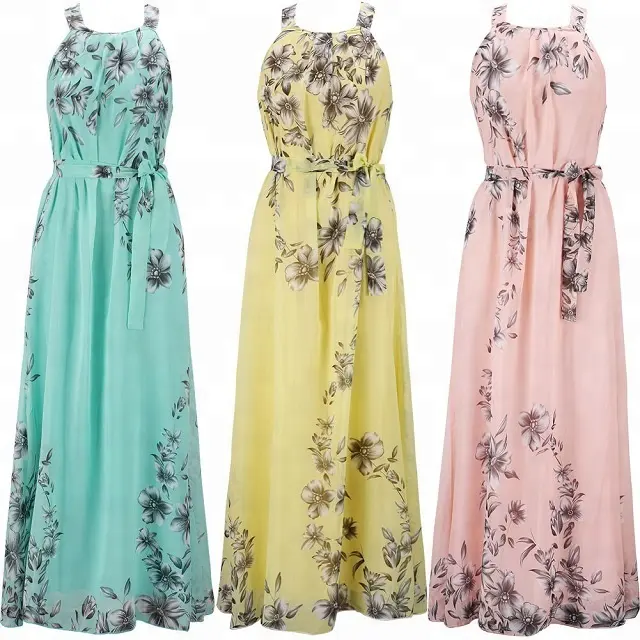 Bán Buôn Mùa Hè Phụ Nữ Bãi Biển Ăn Mặc Voan Floral Printed Halter Áo Không Tay Dài Maxi Đảng Boho Dresses