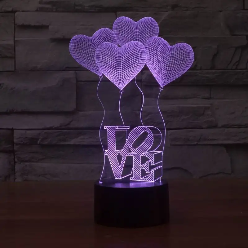 Romantik 3D Görselleştirme Kalpli-şekilli LED Gece Işıkları, Optik İllüzyon Sanat.