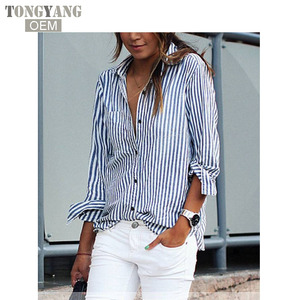 Tongyang kemeja lengan panjang garis-garis wanita, blus longgar kerah lipat musim gugur, atasan kasual wanita ukuran Plus 3XL - Product Image 2