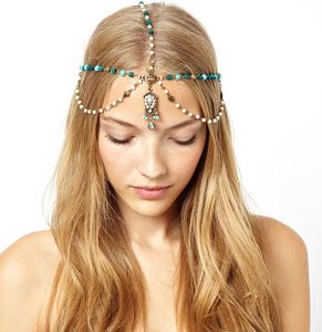 Bandeau pour cheveux en <span class=keywords><strong>Bronze</strong></span>, bleu, Style européen, perles de bois, strass, sculpture goutte, glands, 1 pièce - Product Image 1