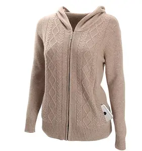 High quality 100% cashmere knitted lady hoodie pocket cardigan sweater