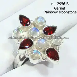 Perhiasan Batu Bulan Pelangi Cincin Garnet Perhiasan Perak 925