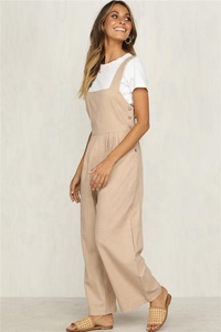 Sexy Women Khaki Loose Side Buttons Linen Cotton <strong>Jumpsuits</strong> and Rompers - Product Image 4