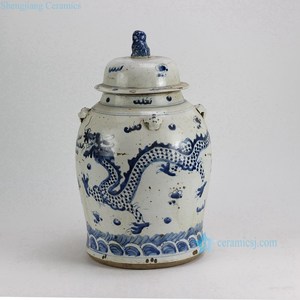 Vase de sol en céramique bleu et blanc peint à la main, style antique traditionnel, série RZEY12, avec bouton en forme de lion - Product Image 2